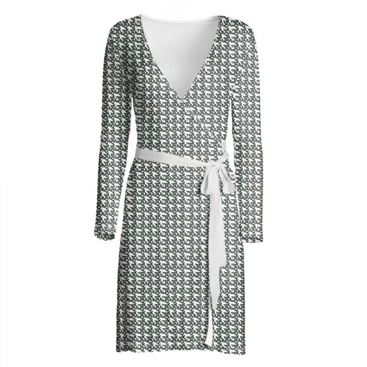 Brown and Dark Green Pattern Wrap Dress